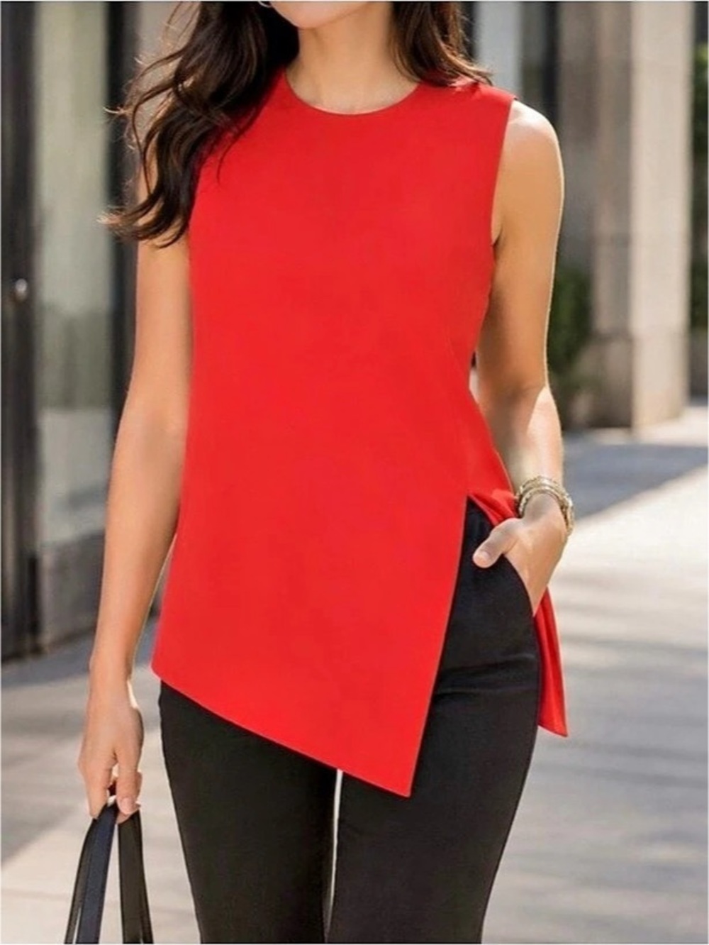 Babaton Red Sleeveless Asymmetric Draped Hem Blouse